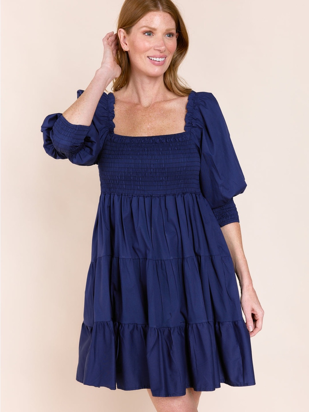 Sofia Made In Italy One Size Navy Smocked Square-Neck Tiered Dress